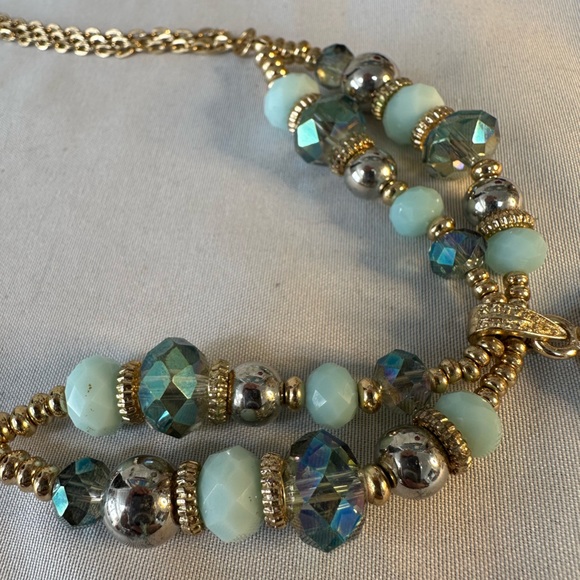 Large goldtone blue bead filigree statement necklace - Picture 7 of 7